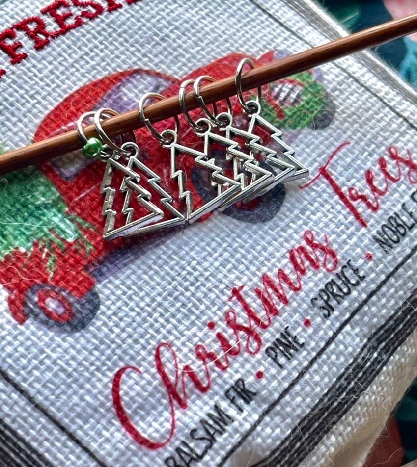 Silver Christmas Tree Knitting Stitch Markers, Set of 6