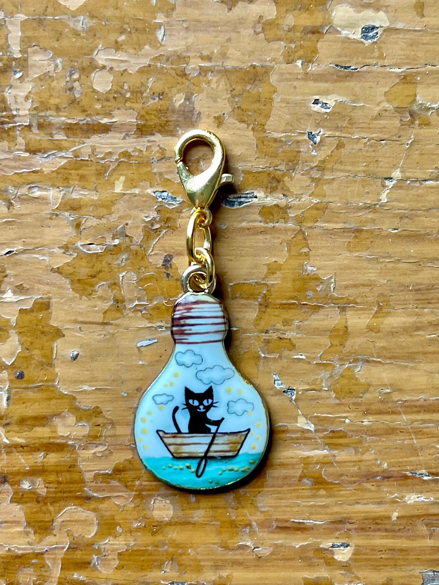 Cat on Row Boat Zipper Pull, Stitch Marker