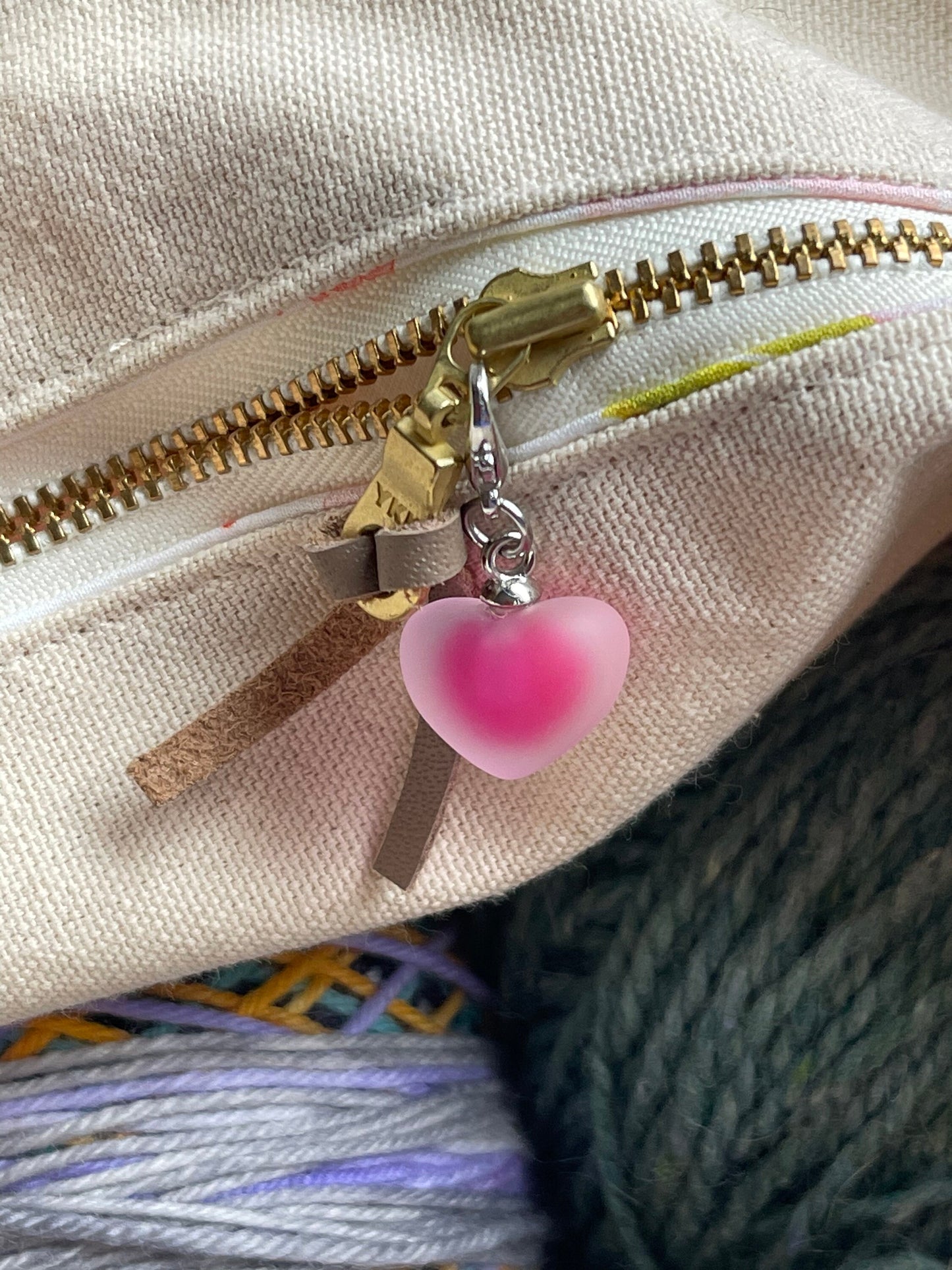 Frosted Resin Heart Charm, Knitting Progress Keeper, Zipper Pull