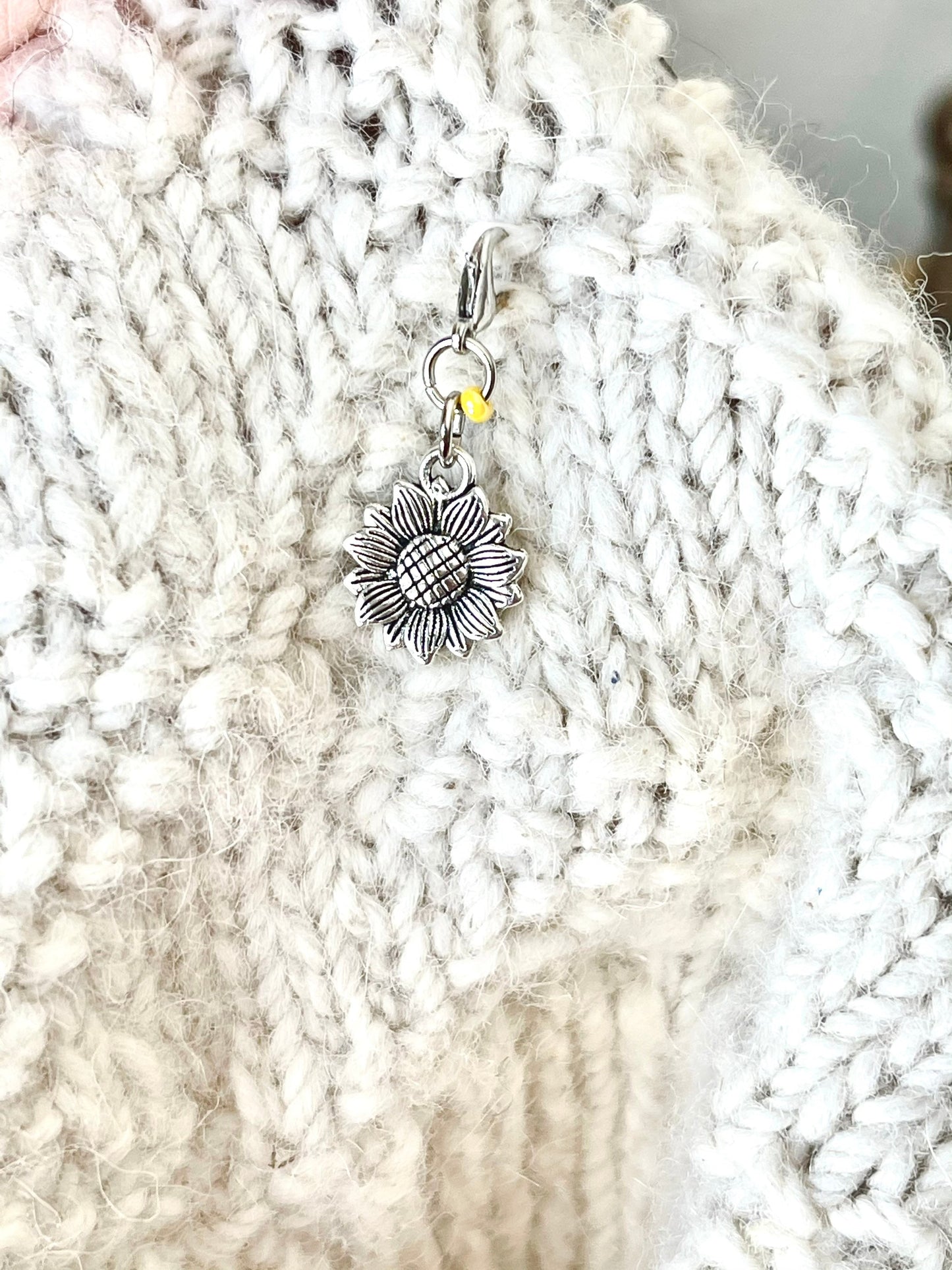 Silver Sunflower Progress Keeper, Knitting Crochet Stitch Marker