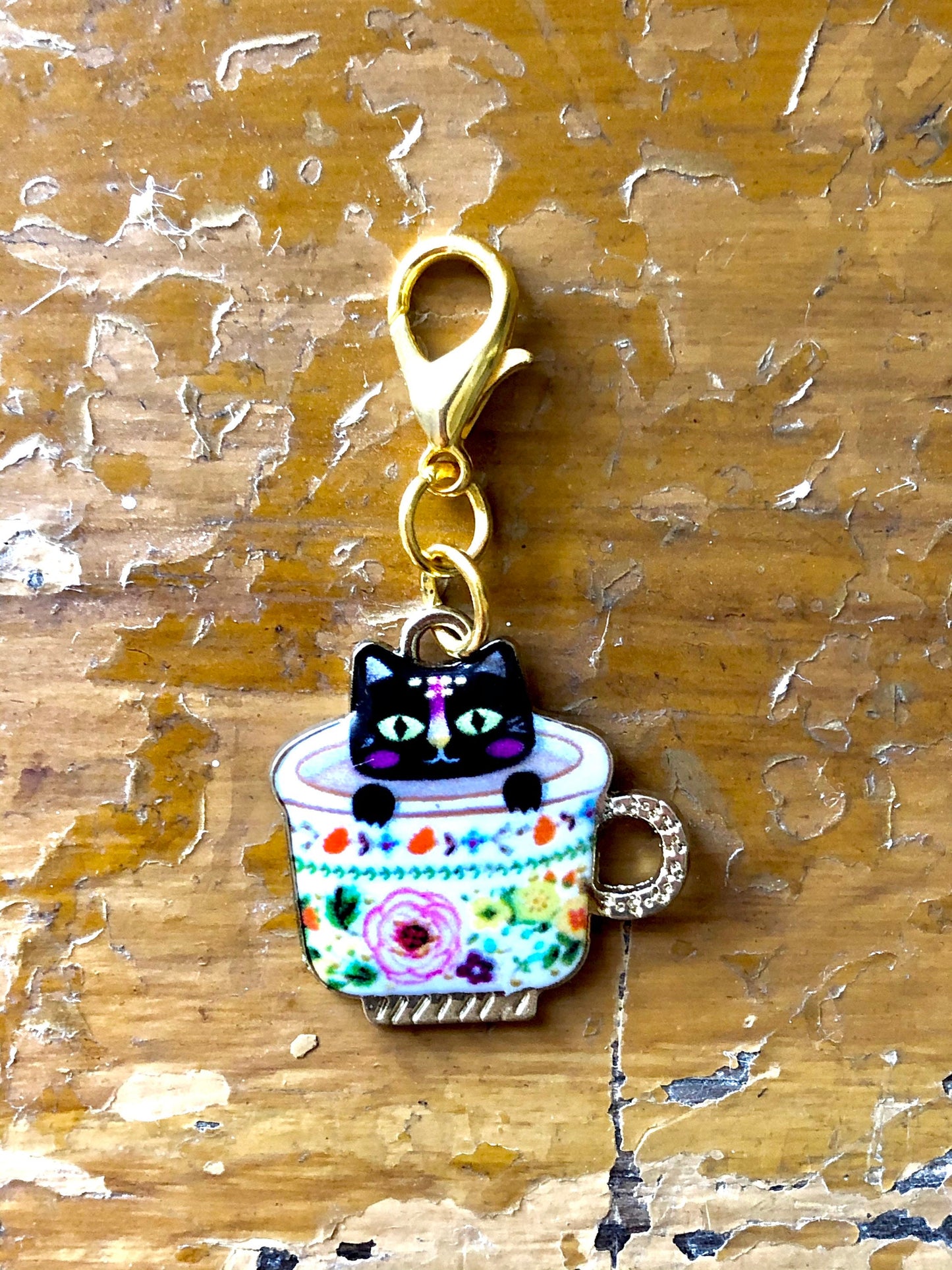 Black Cat Teacup Charm, Knitting Progress Keeper, Zipper Pull