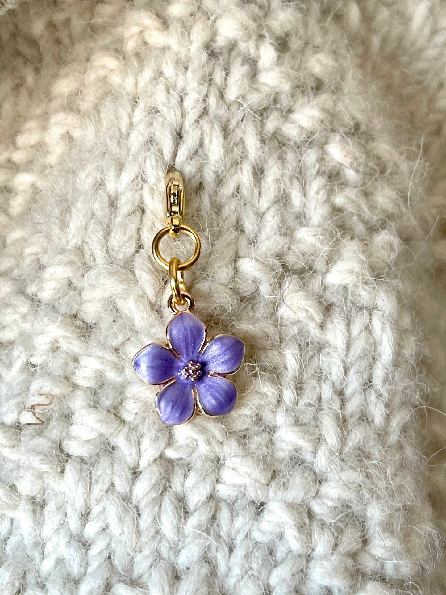 Purple Enamel Flower Stitch Marker, Gold Clasp, Knit Accessory