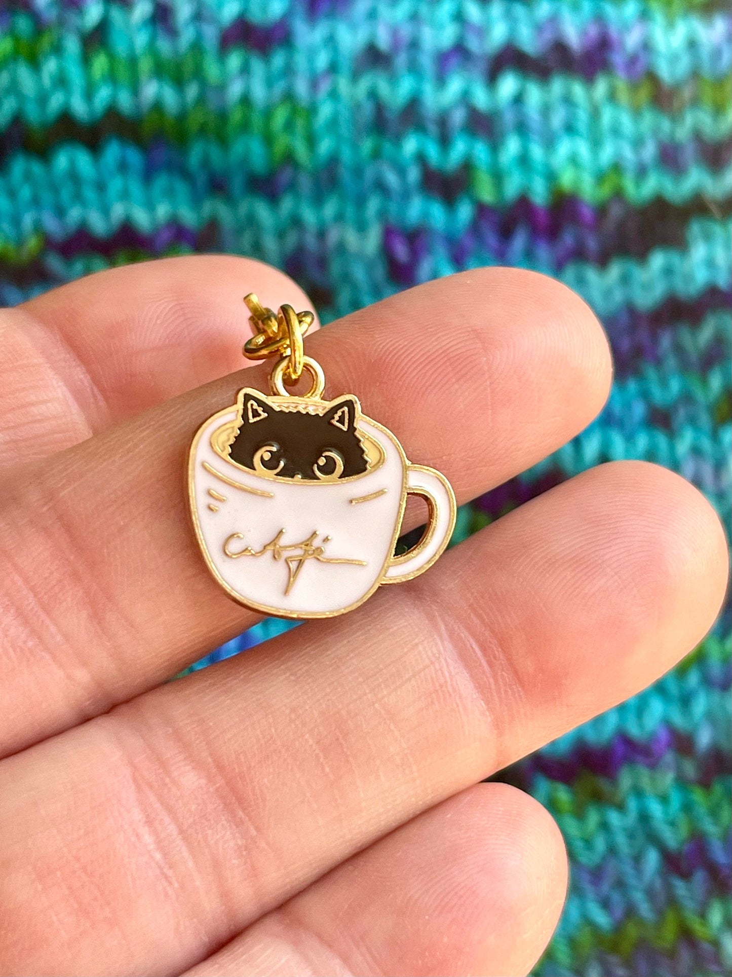 Cat Coffee Mug Zipper Pull, Knitting Crochet Stitch Marker