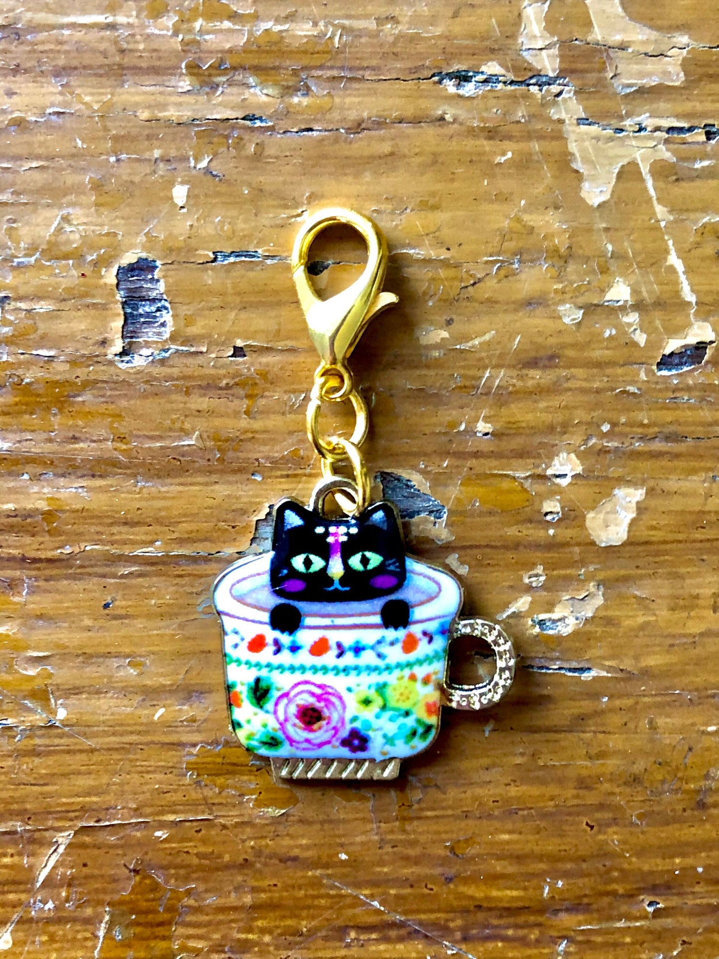 Black Cat Teacup Charm, Knitting Progress Keeper, Zipper Pull