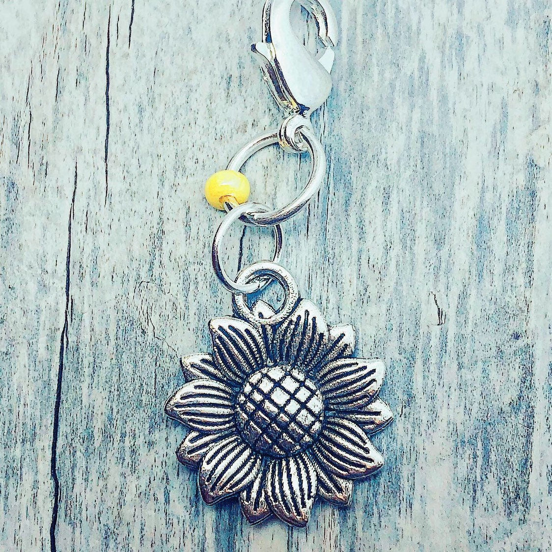 Silver Sunflower Progress Keeper, Knitting Crochet Stitch Marker