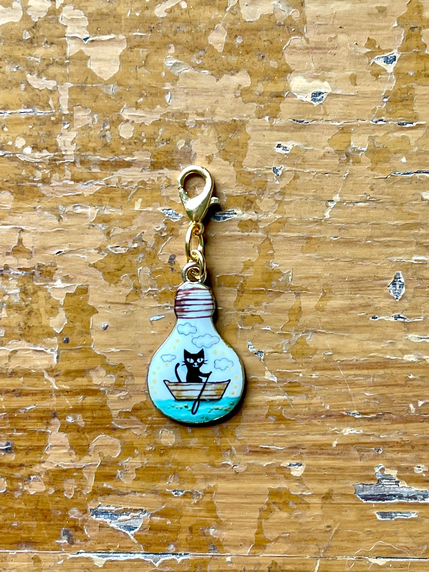 Cat on Row Boat Zipper Pull, Stitch Marker