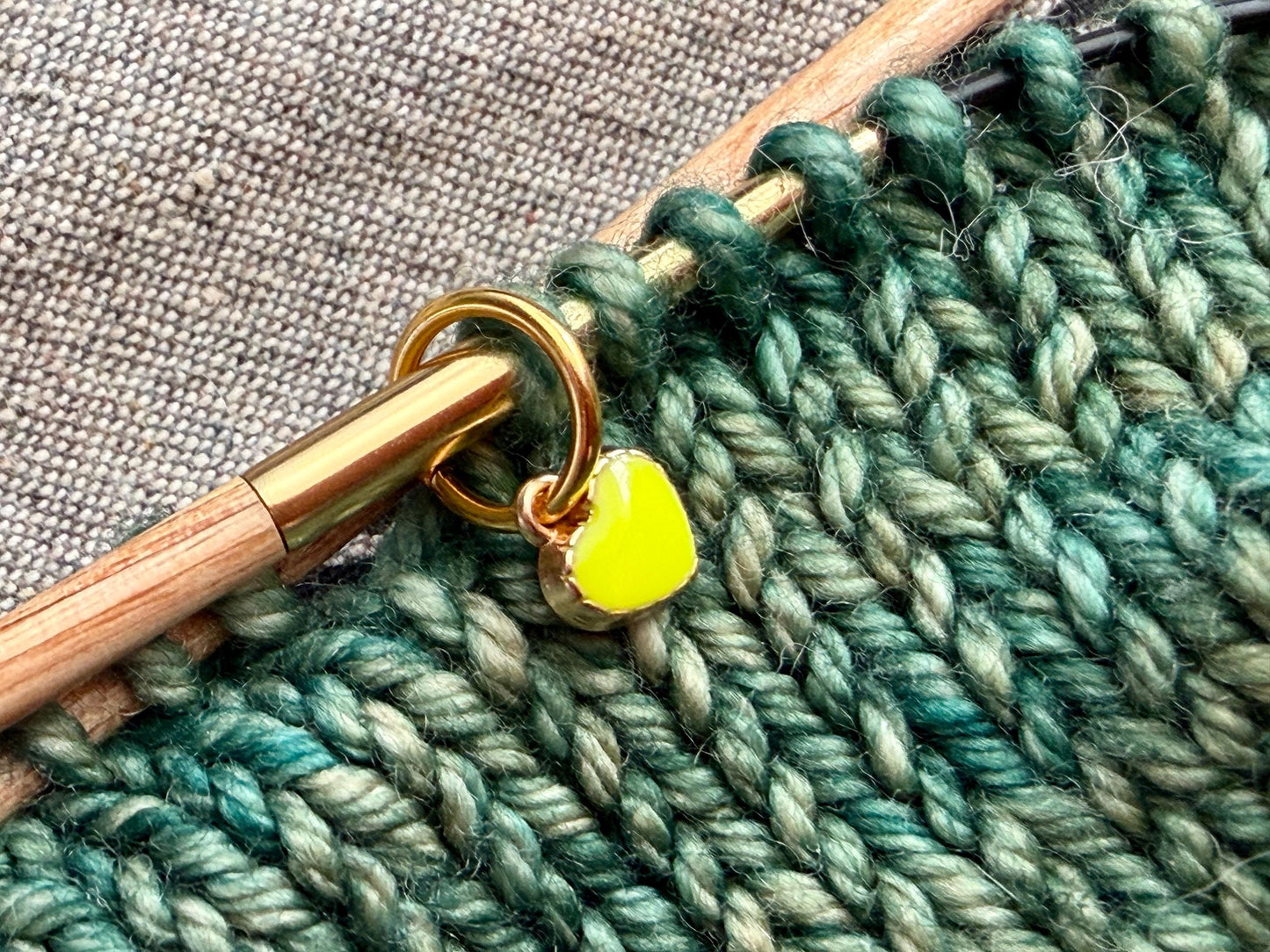 Neon Yellow Heart Stitch Markers, Snagfree Knitting Rings in Glass Bottle