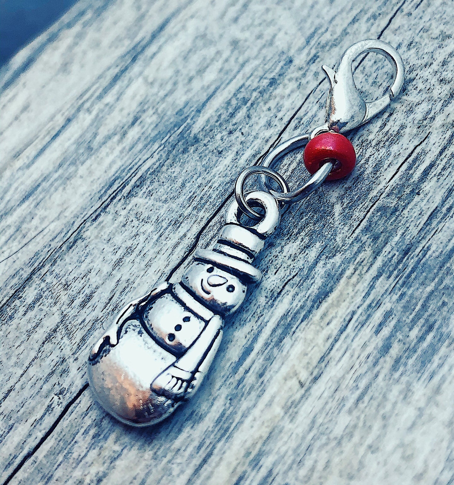 Snowman Charm Progress Keeper, Silver Stitch Marker with Clasp
