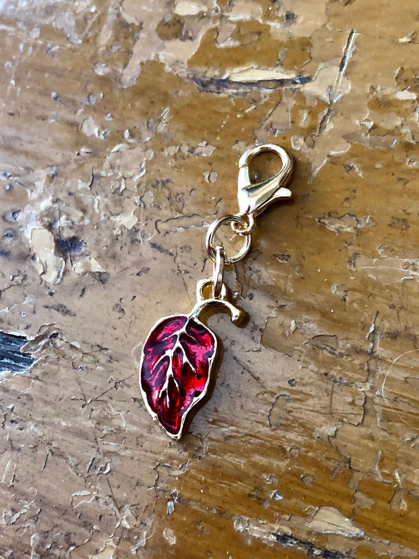 Red Fall Leaf Progress Marker, Gold Clasp, Knitting Crochet Gift