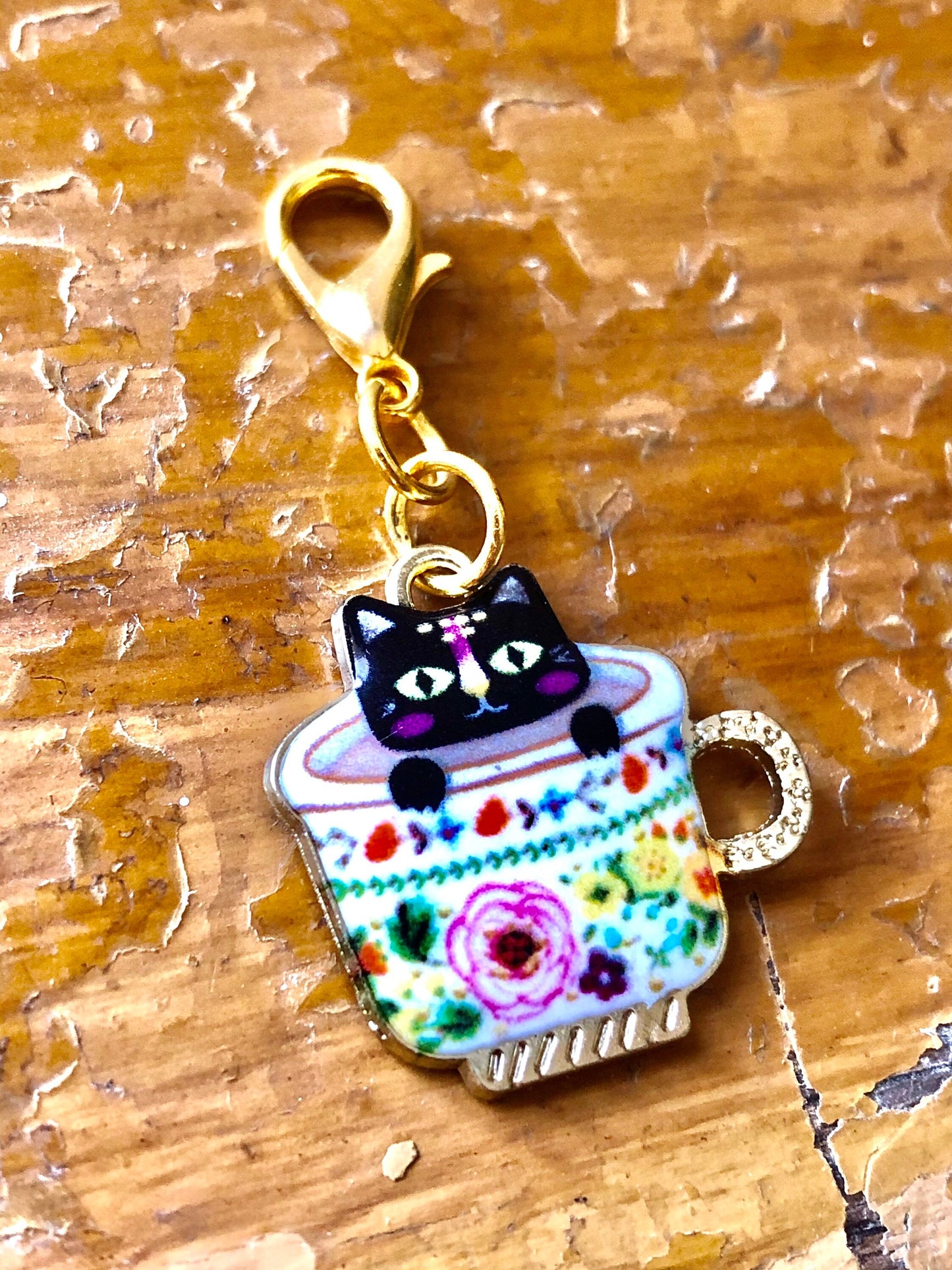 Black Cat Teacup Charm, Knitting Progress Keeper, Zipper Pull