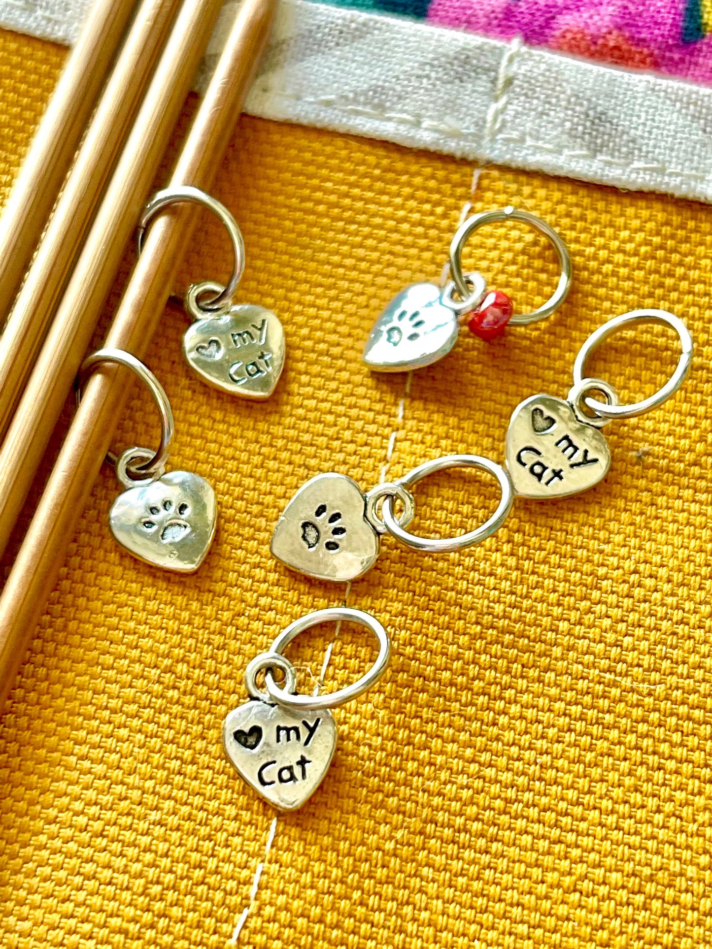 Cat Stitch Markers, Paw & I Love My Cat, Snag Free Knitting Accessories