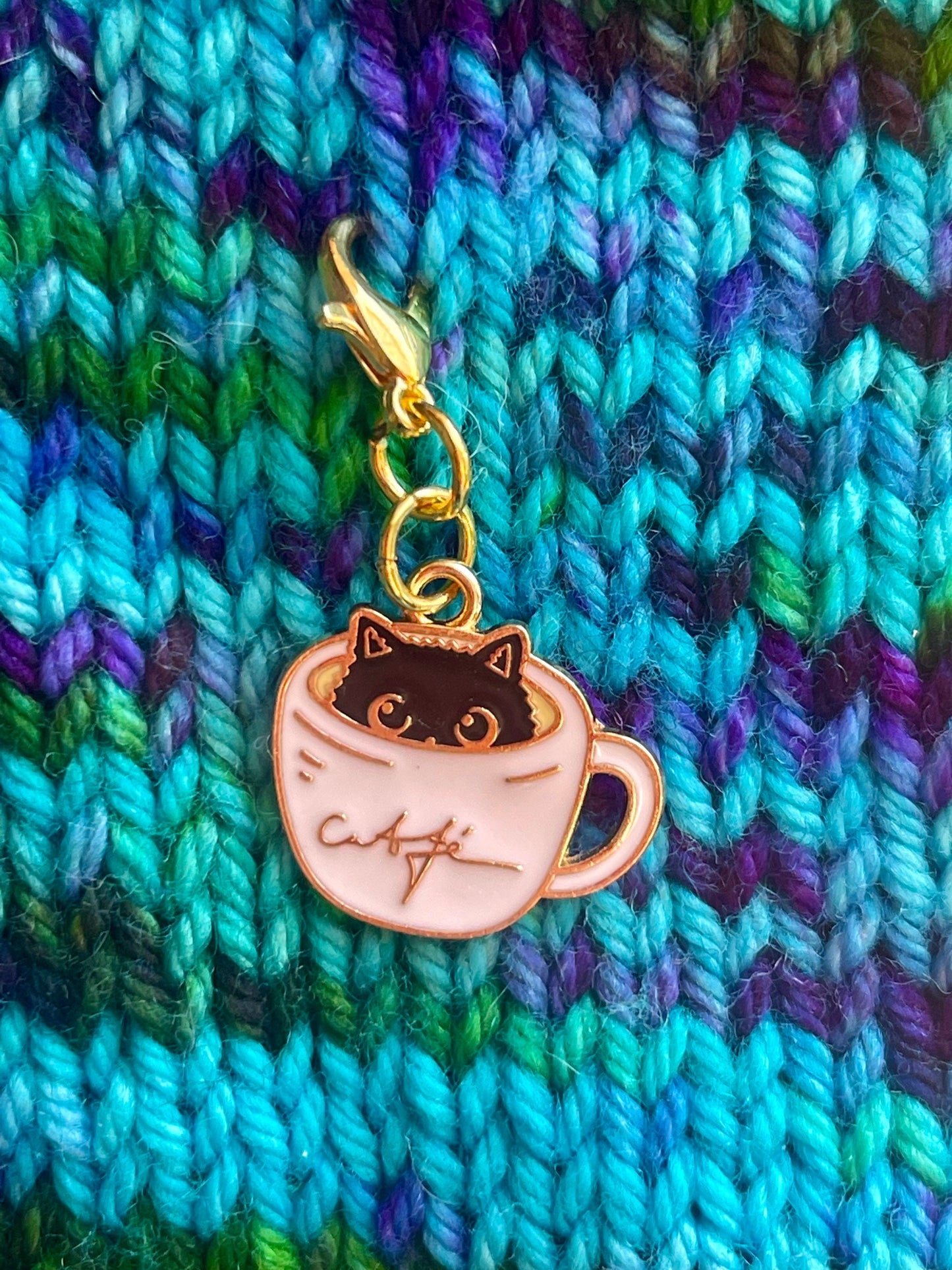 Cat Coffee Mug Zipper Pull, Knitting Crochet Stitch Marker
