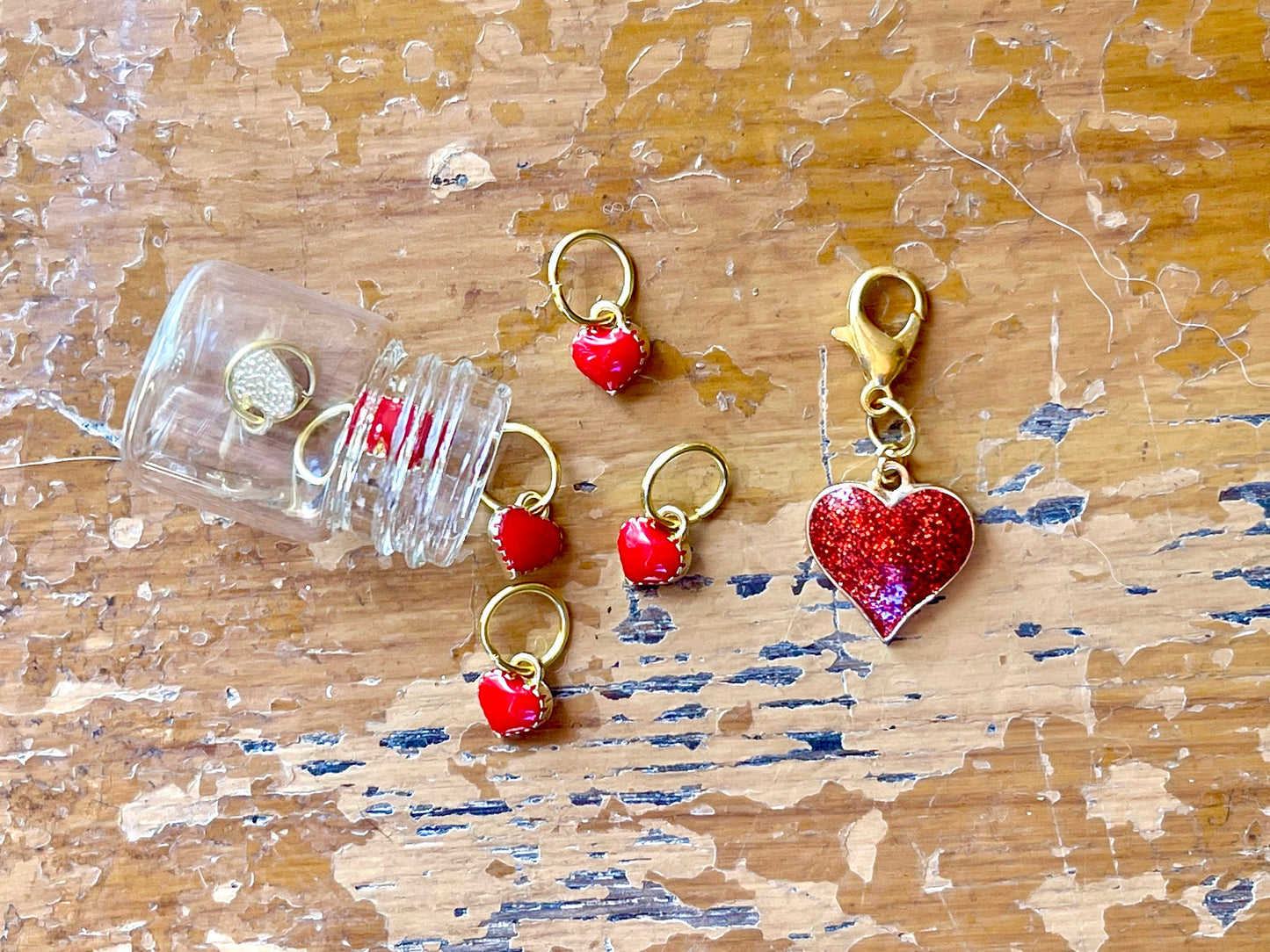 Red Heart Stitch Markers, Snagfree Knitting Rings in Glass Bottle
